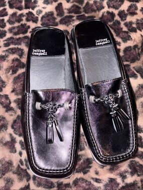 Jeffrey Campbell Black Leather Tassel Slip-On Loafers